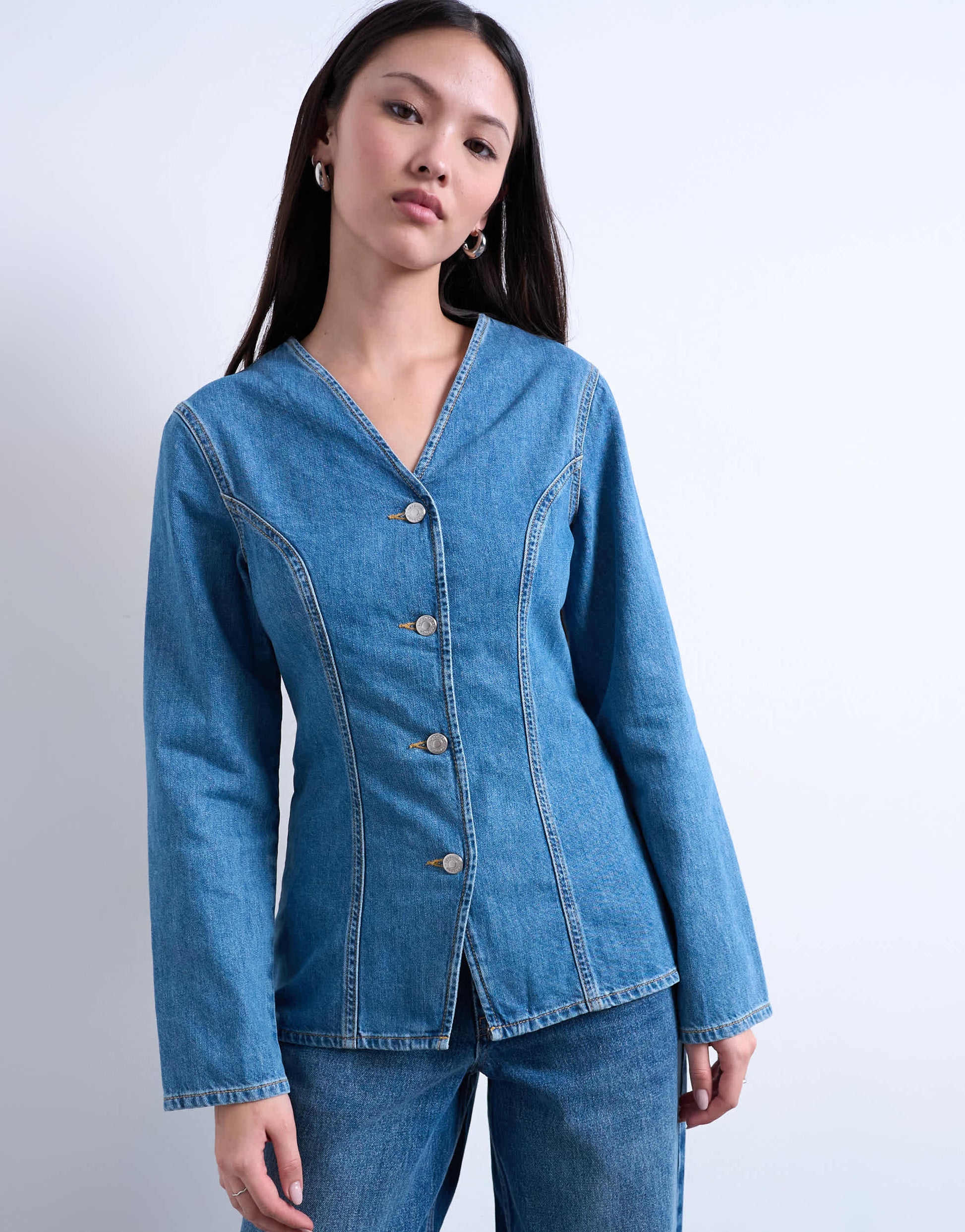Topshop denim v neck cinched in shirt in mid blue