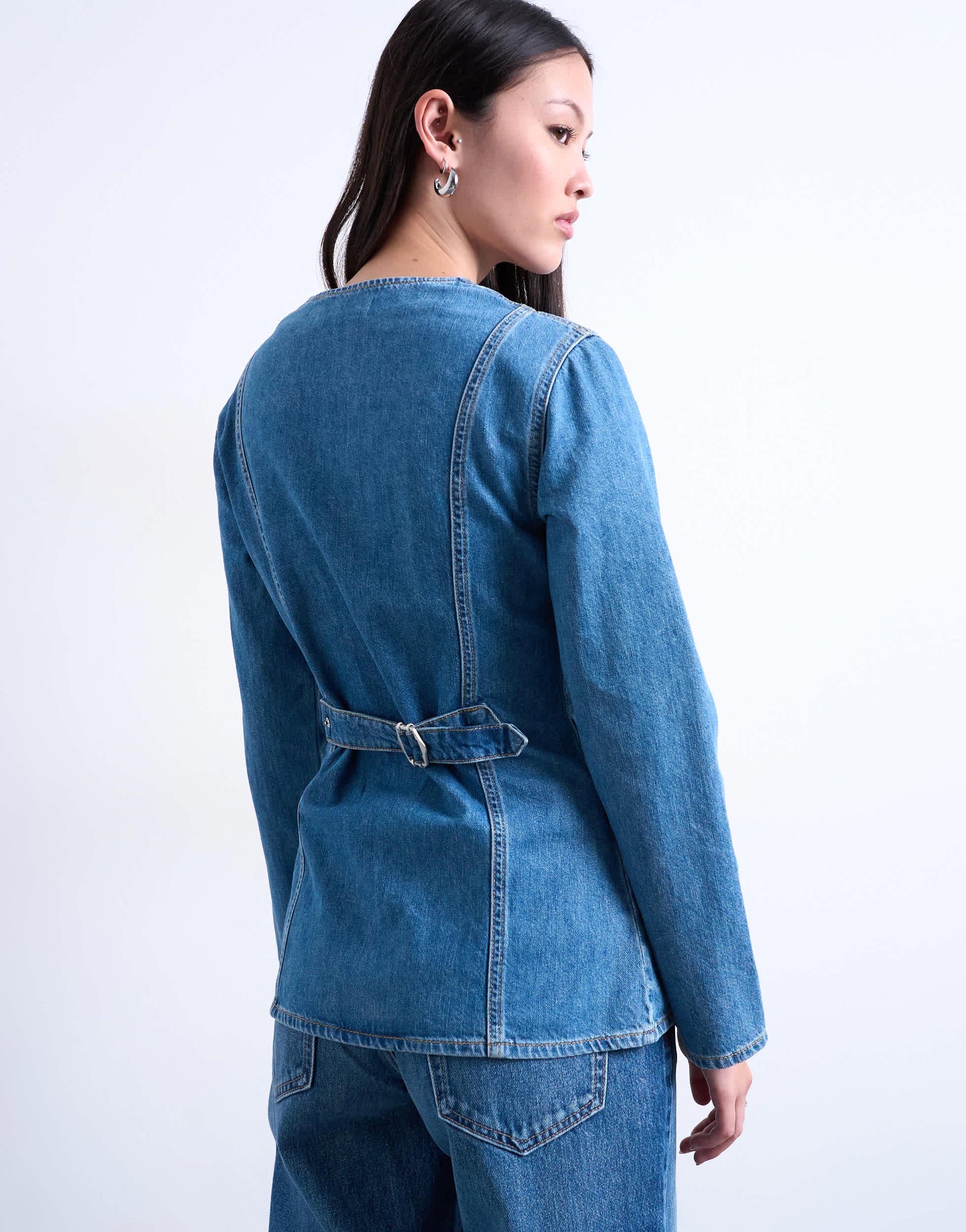 Topshop denim v neck cinched in shirt in mid blue