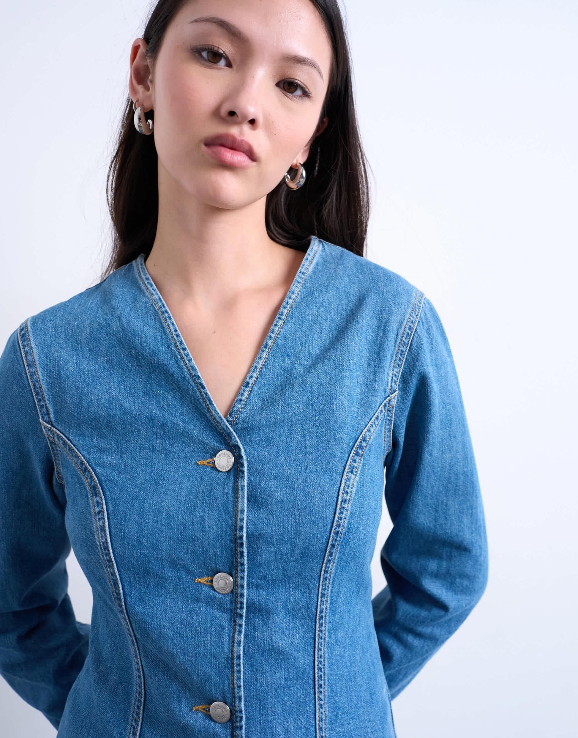 Topshop denim v neck cinched in shirt in mid blue