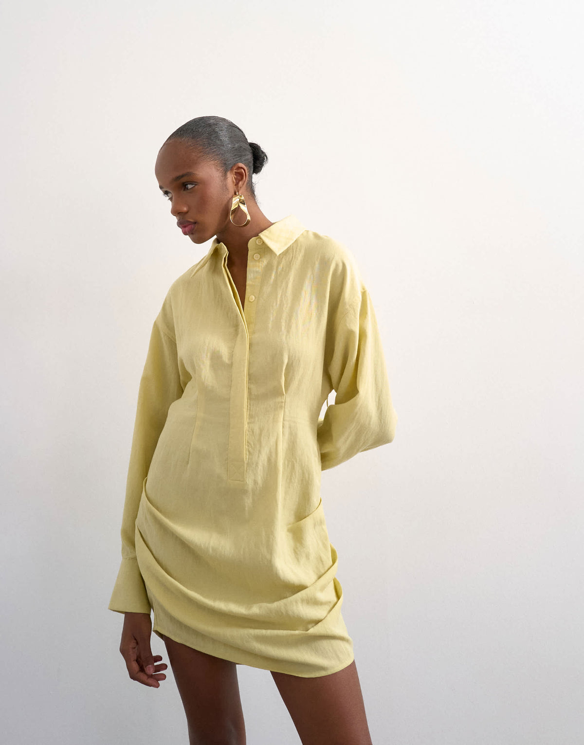 Topshop gathered skirt mini shirt dress in yellow