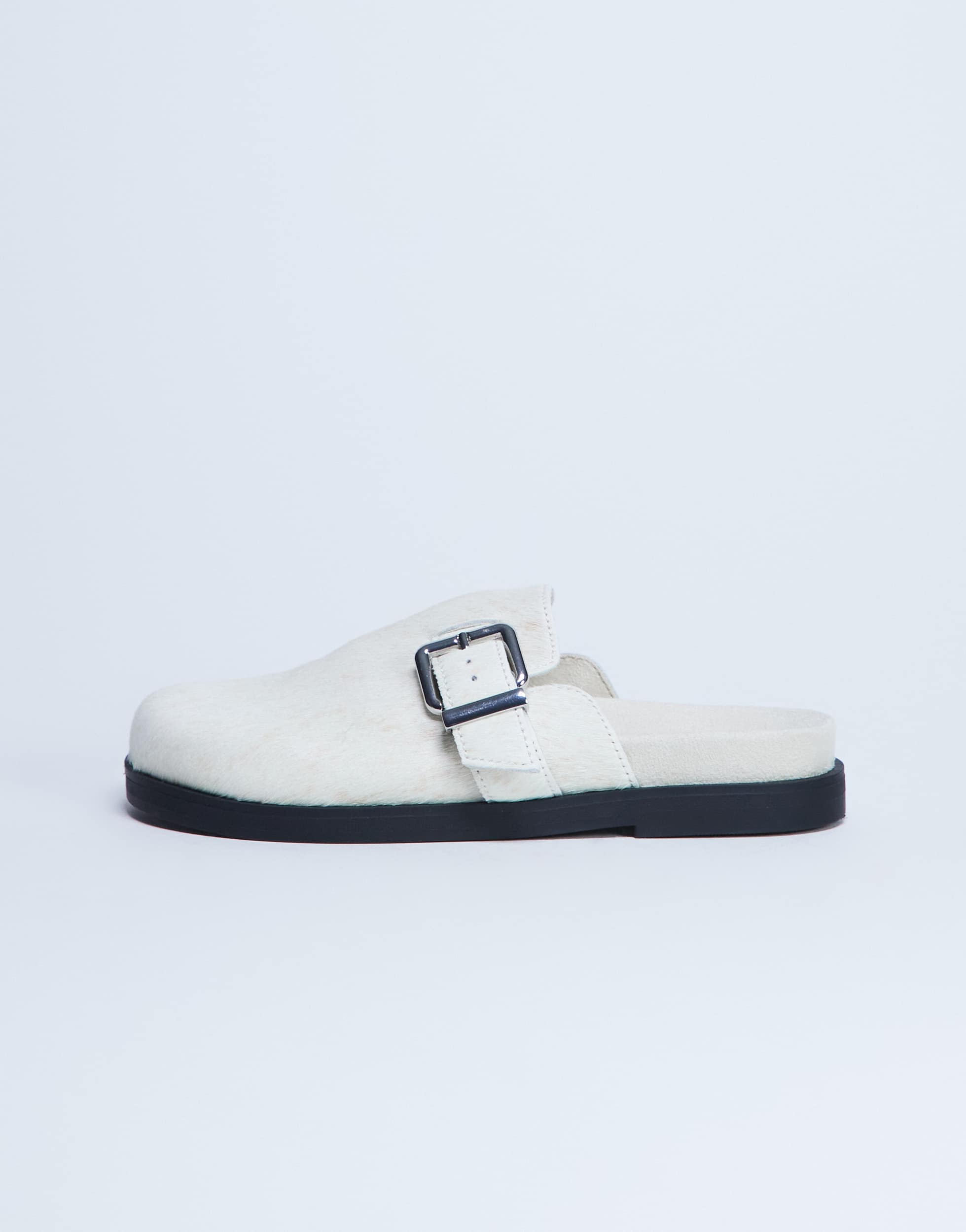 Topshop Amy slip on mule with buckle in neutral hair on real leather