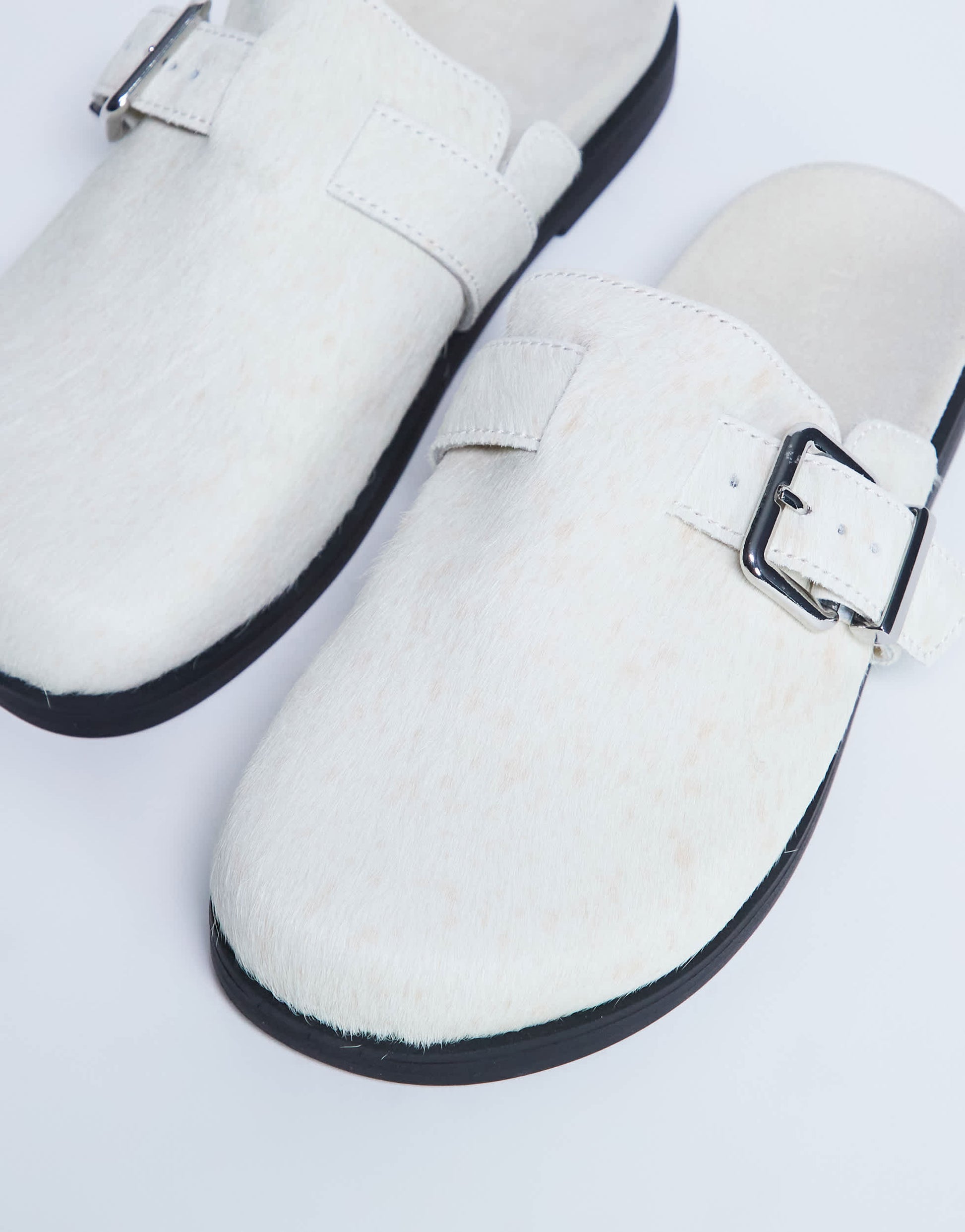 Topshop Amy slip on mule with buckle in neutral hair on real leather