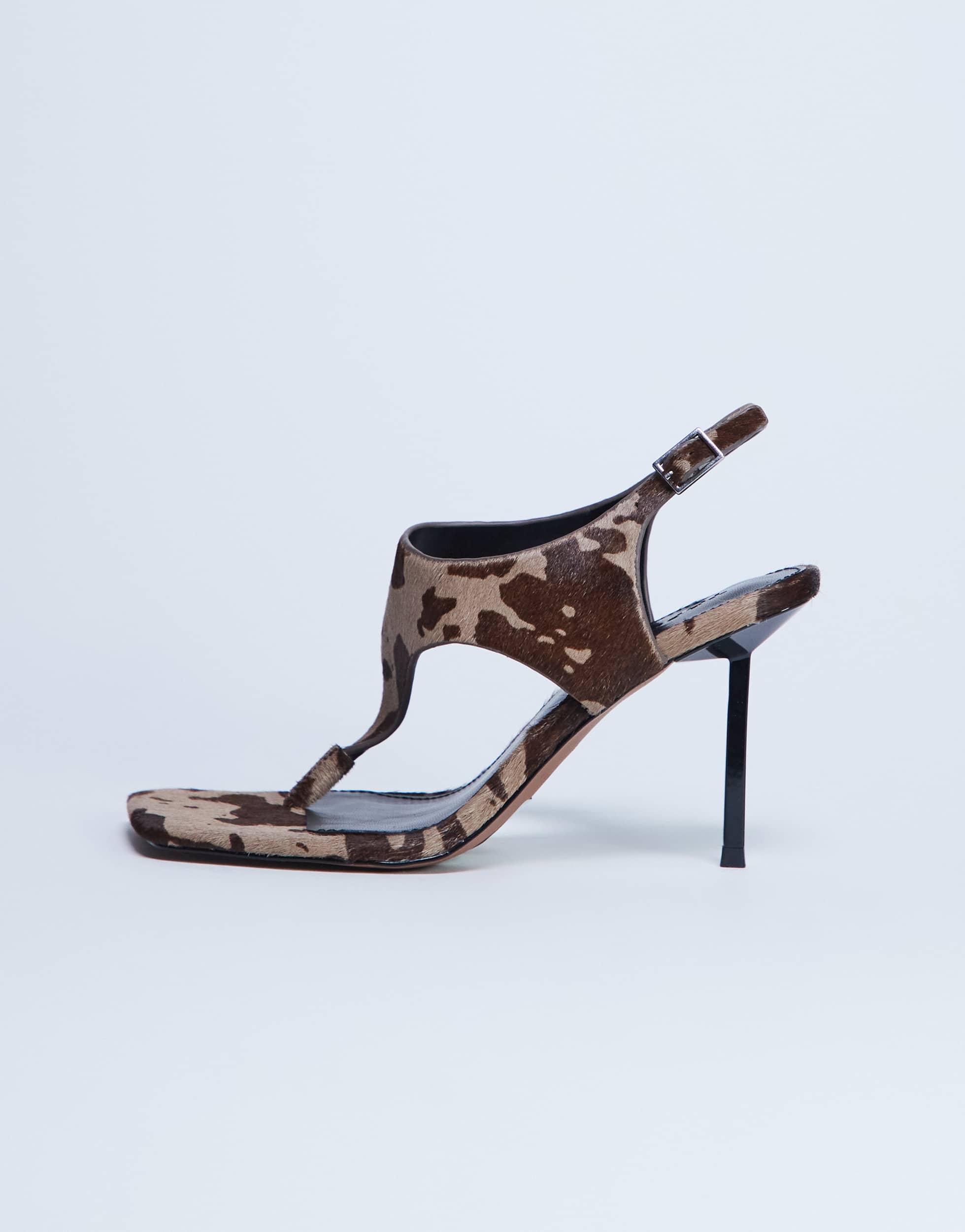 Topshop Sandy toe thong heeled sandal in brown cow print hair on real leather