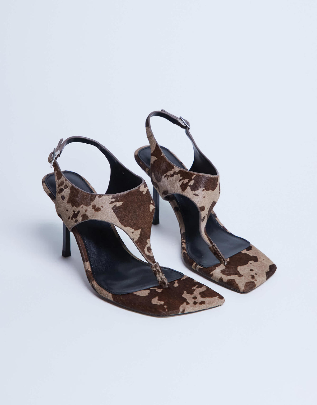 Topshop Sandy hair on real leather toe thong high heeled sandal in brown cow print