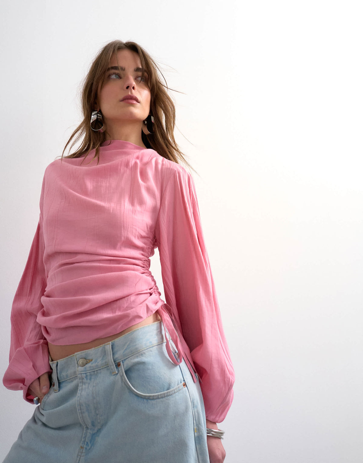 Topshop long sleeve ruched tie side top in pink