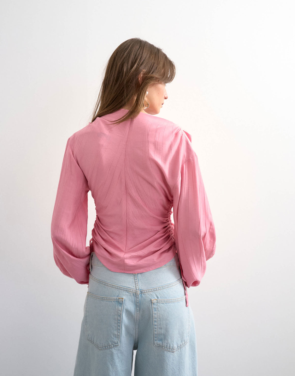 Topshop long sleeve ruched tie side top in pink