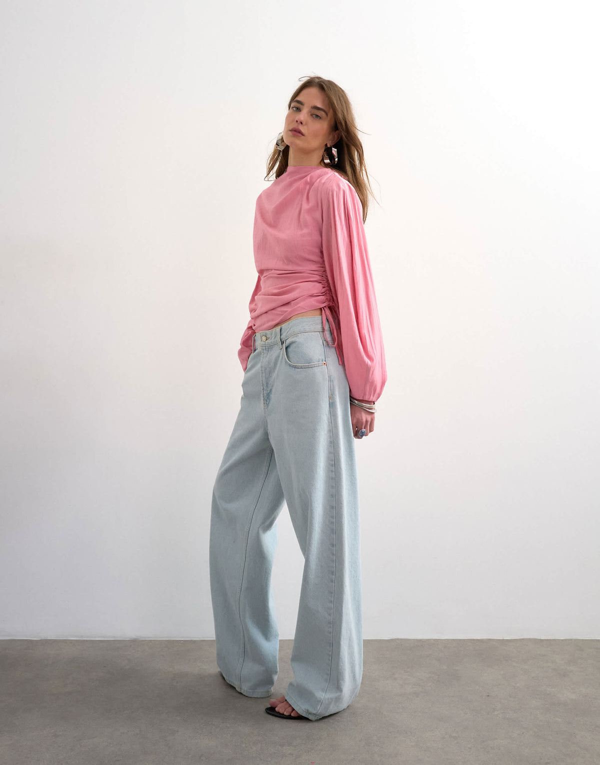 Topshop long sleeve ruched tie side top in pink