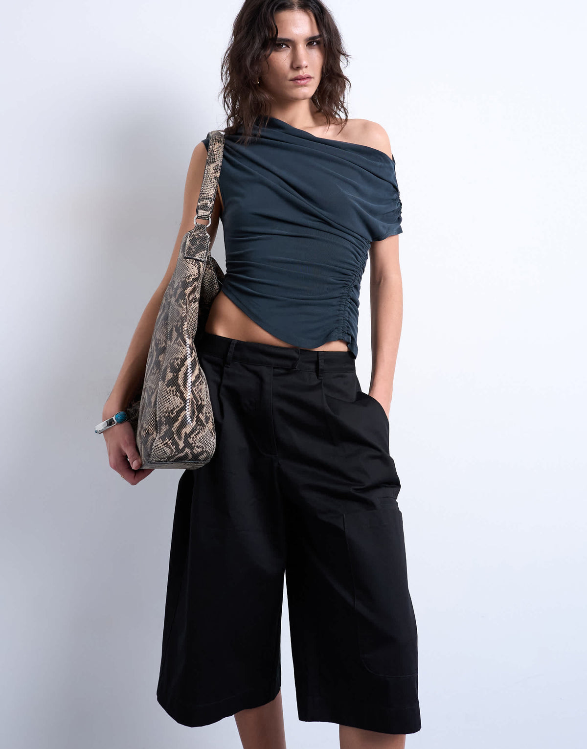 Topshop cupro ruched detail top in black