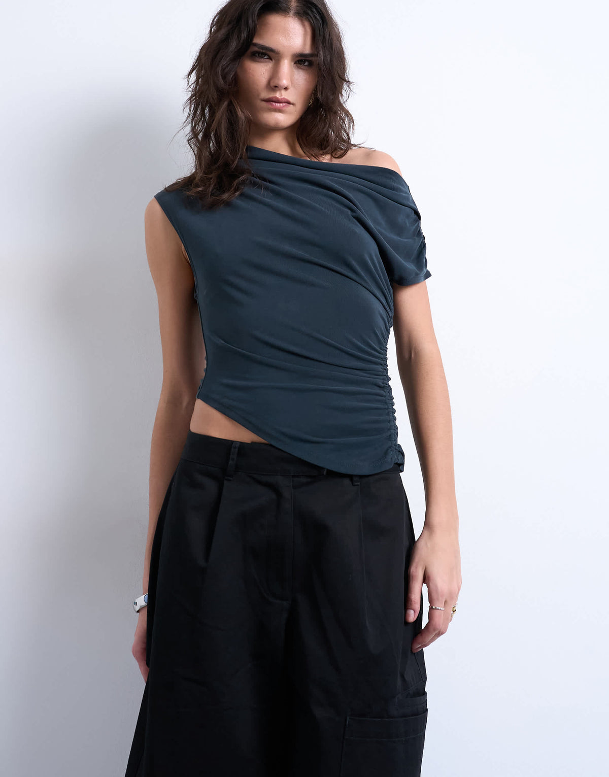 Topshop cupro ruched detail top in black