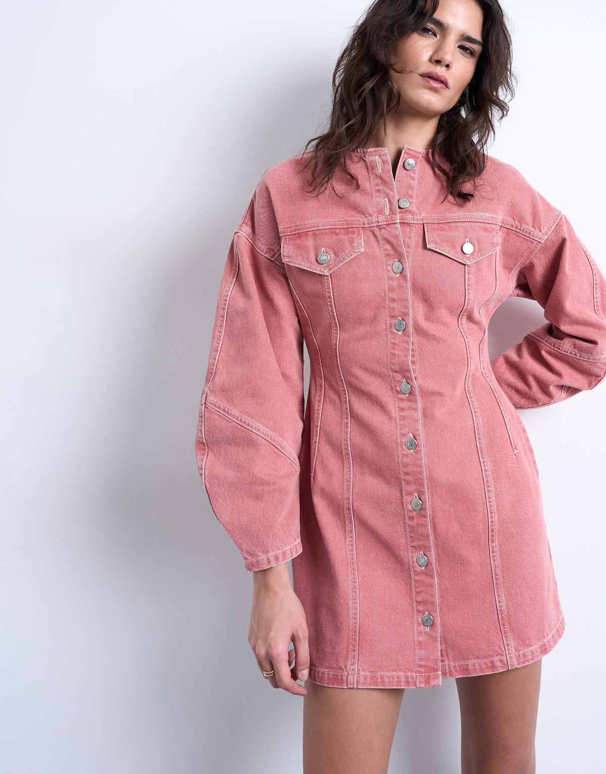 Topshop denim high neck button through shirt dress in pink