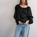 Topshop trapeze linen tie front blouse in black