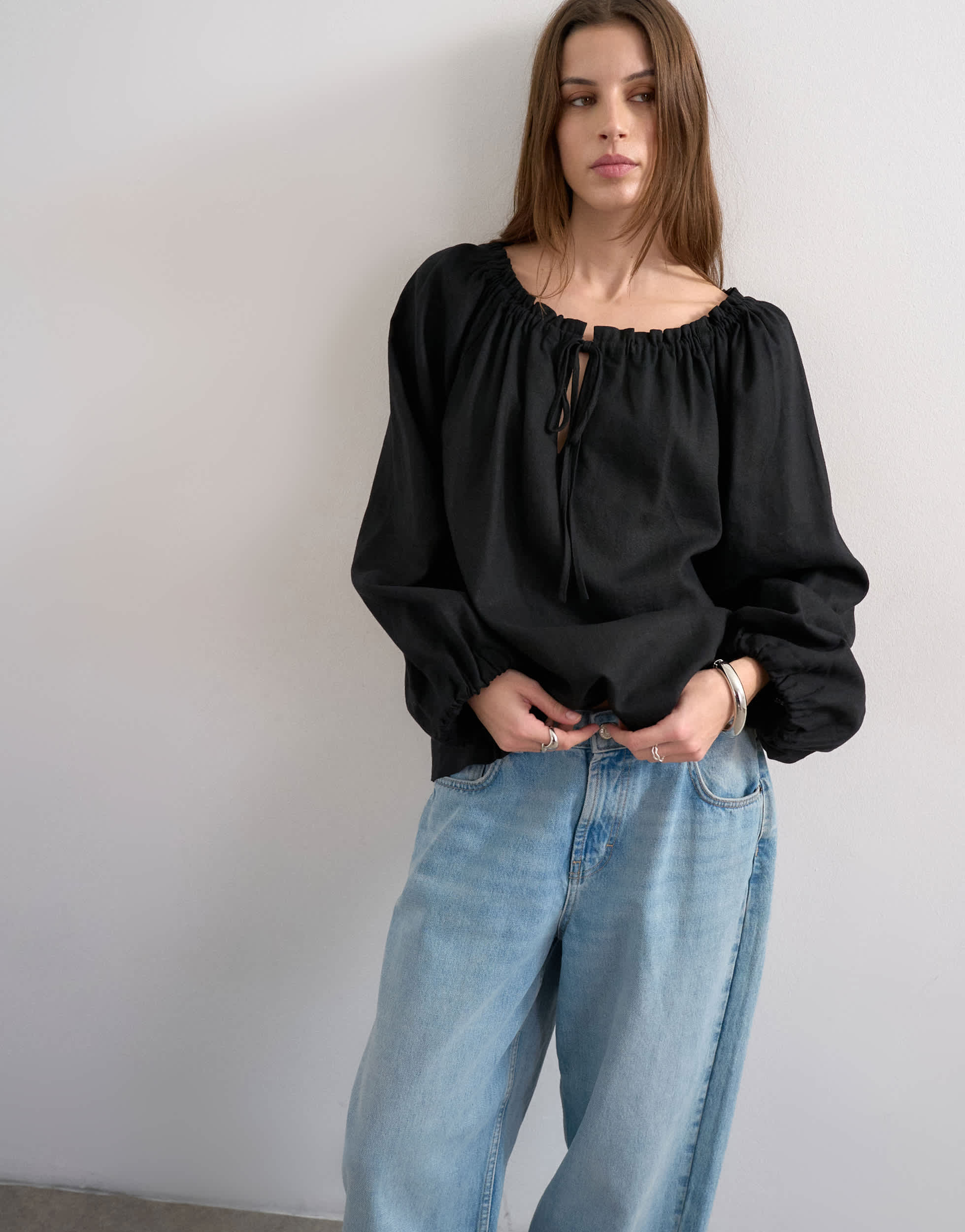 Topshop trapeze linen tie front blouse in black