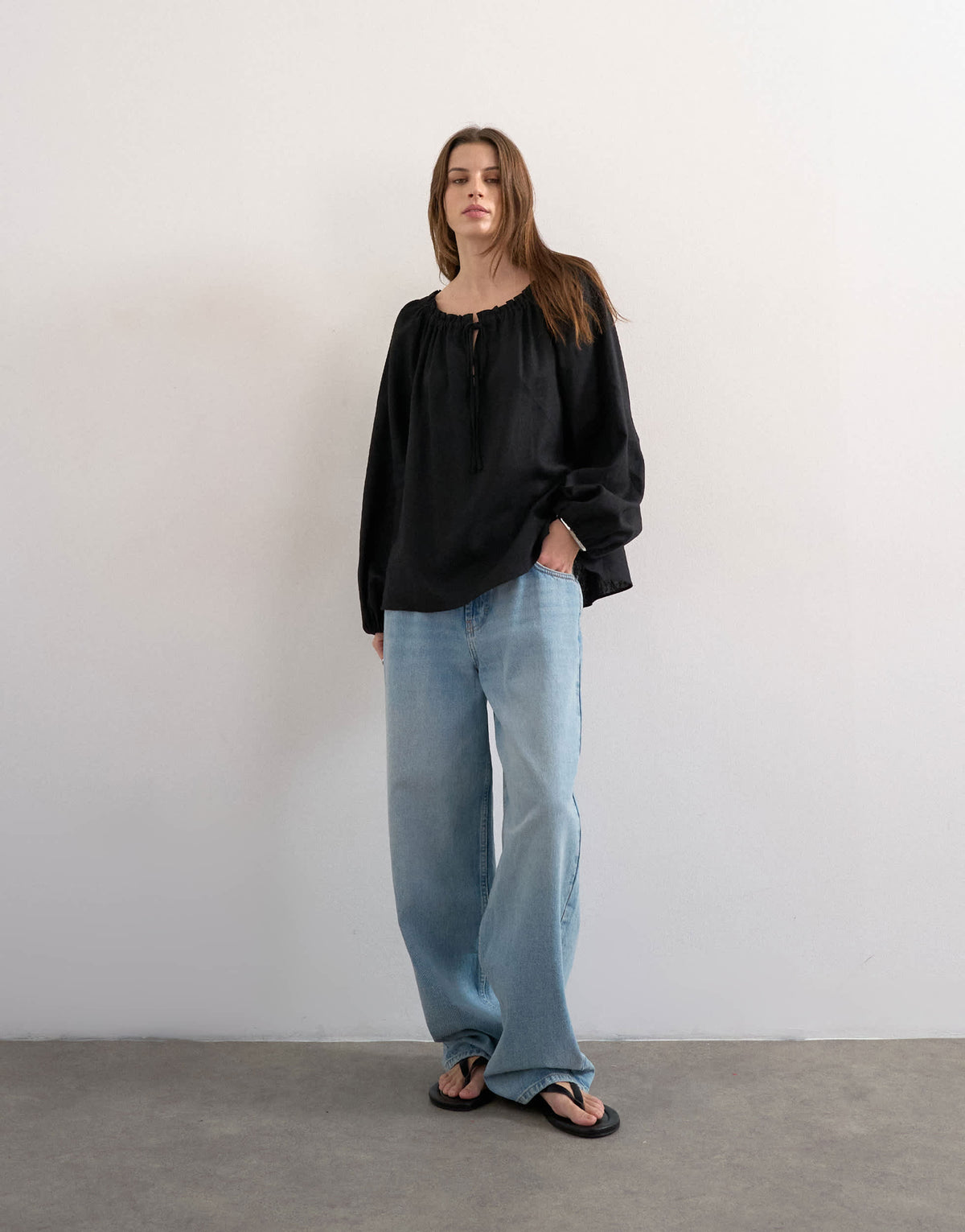 Topshop trapeze linen tie front blouse in black