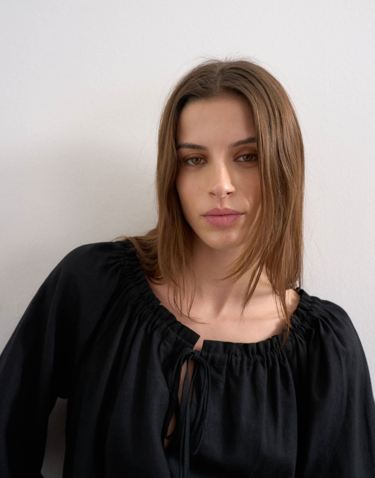 Topshop trapeze linen tie front blouse in black