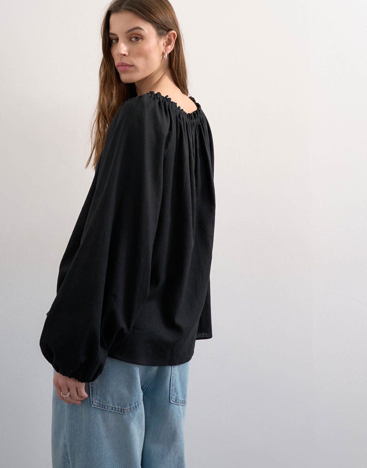 Topshop trapeze linen tie front blouse in black