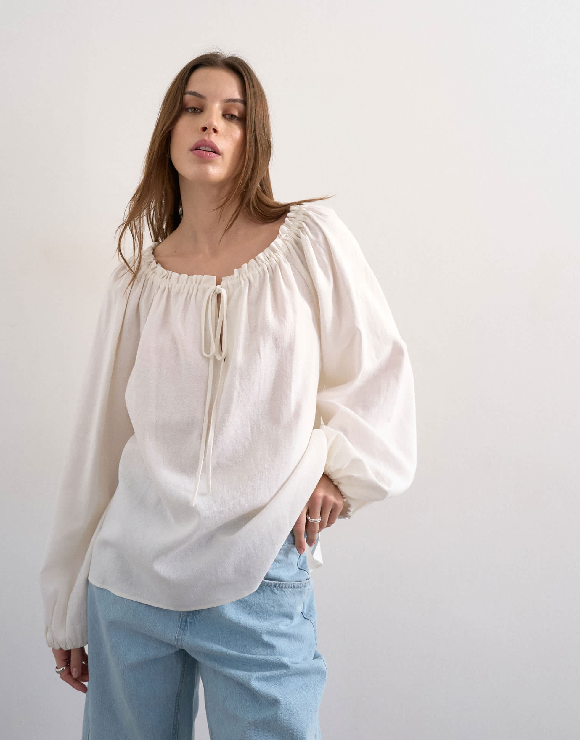 Topshop trapeze linen tie front blouse in white