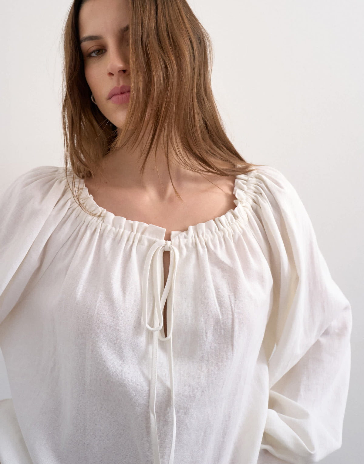 Topshop trapeze linen tie front blouse in white