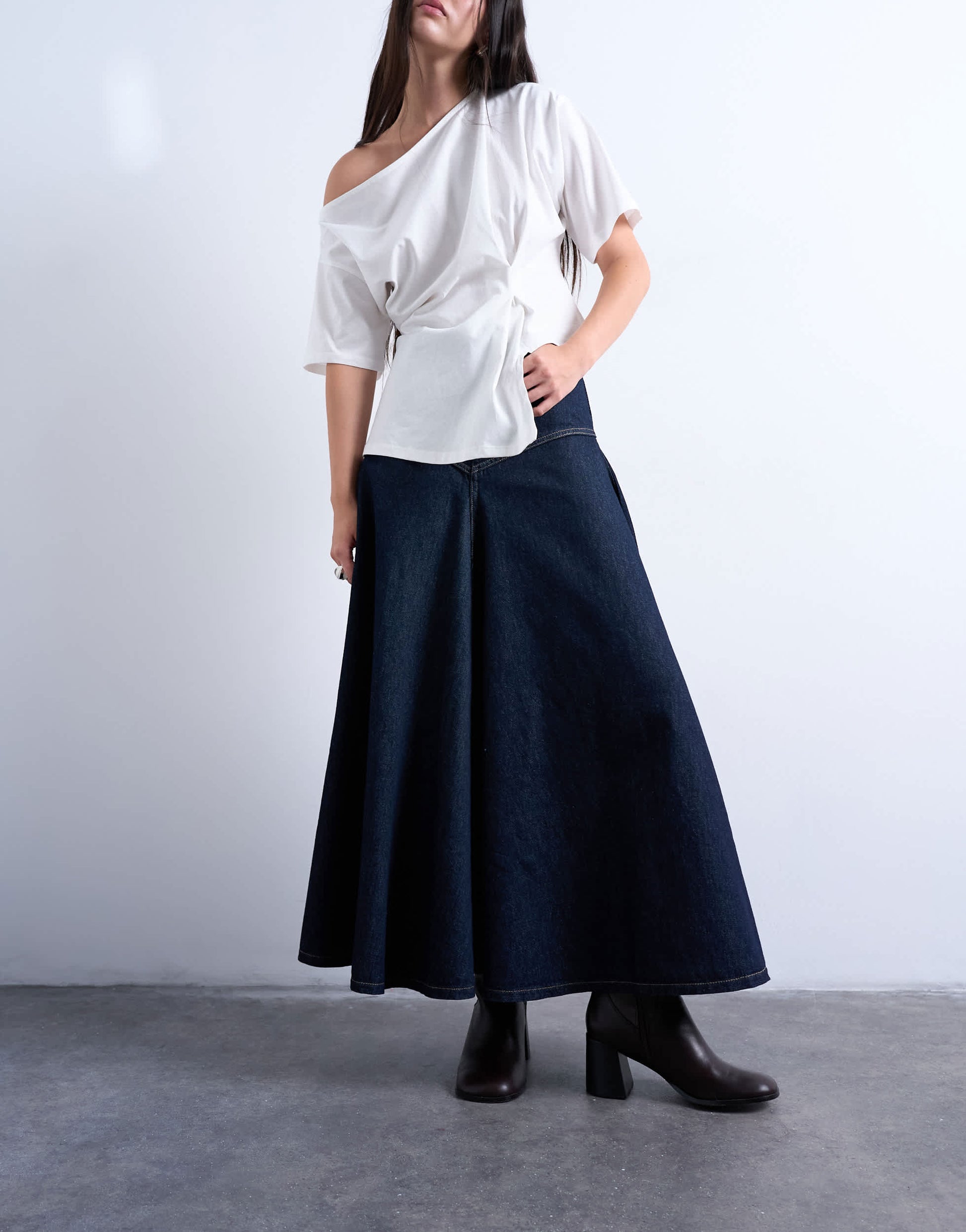 Topshop denim yoke front maxi skirt in indigo rinse