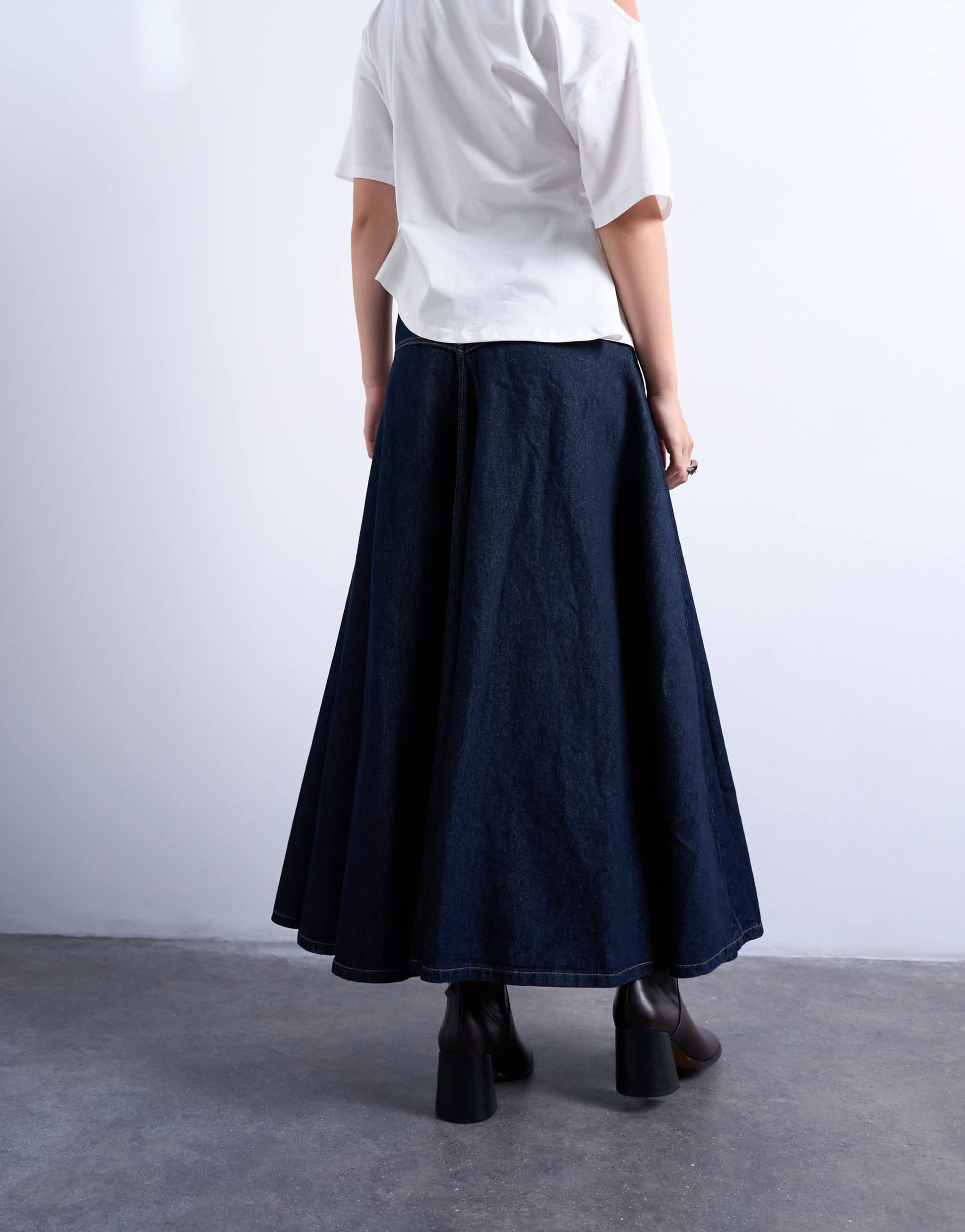 Topshop denim yoke front maxi skirt in indigo rinse