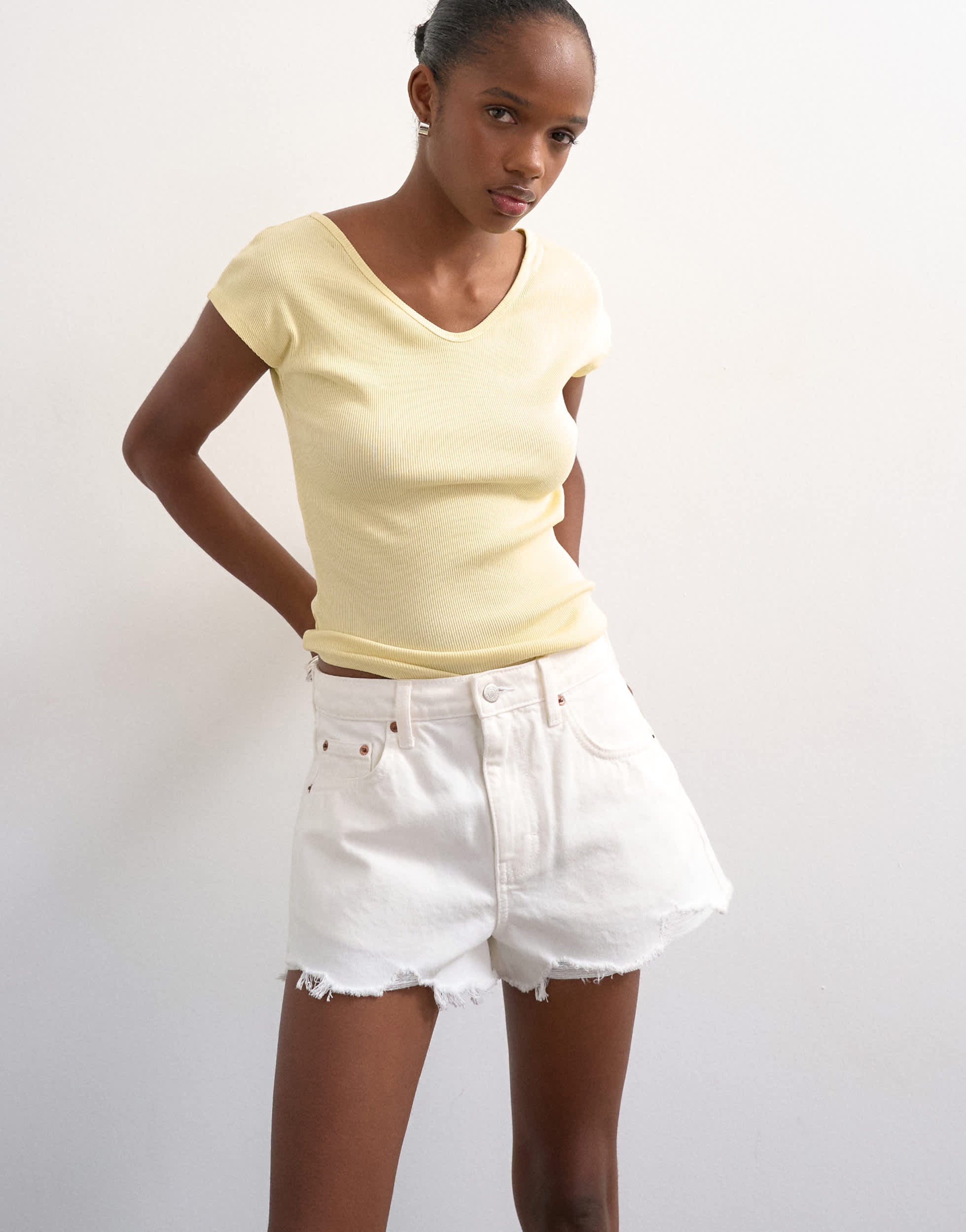 Topshop denim A-line shorts with rip in white