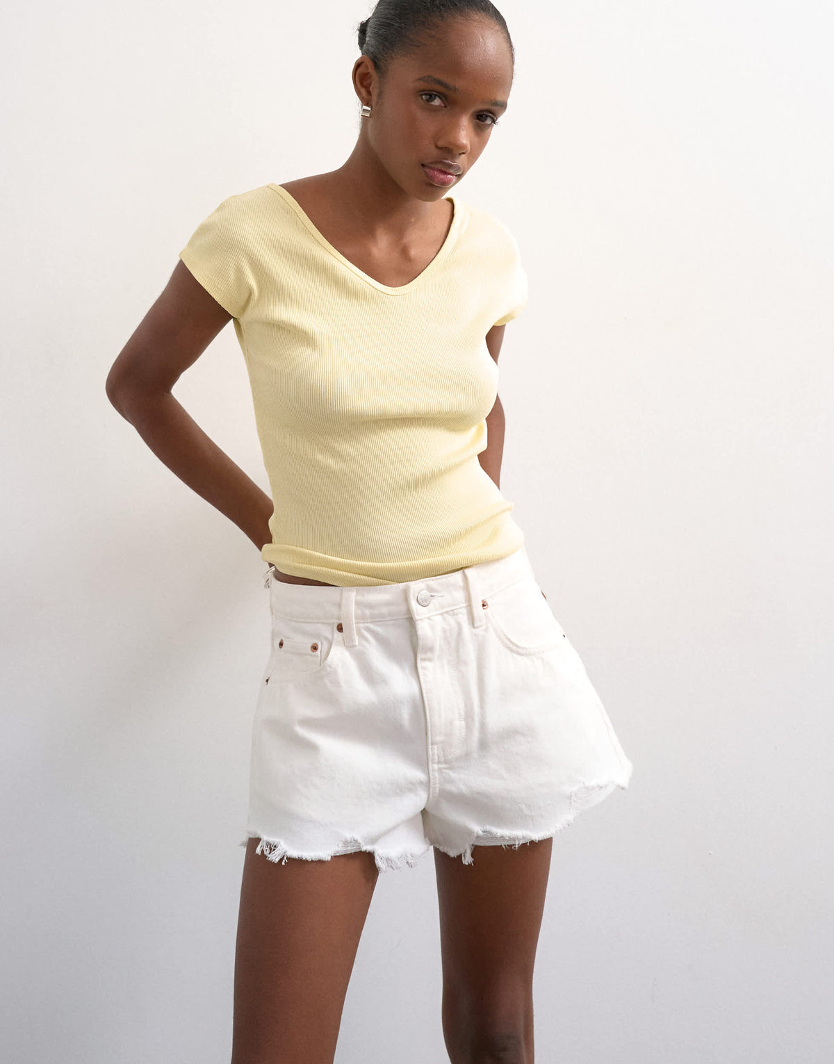 Topshop denim A-line short with rip in white