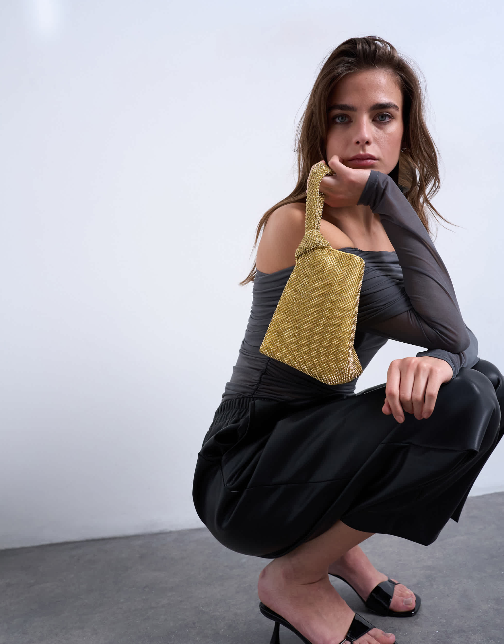 Topshop Gwyn small embellished knot grab bag in gold
