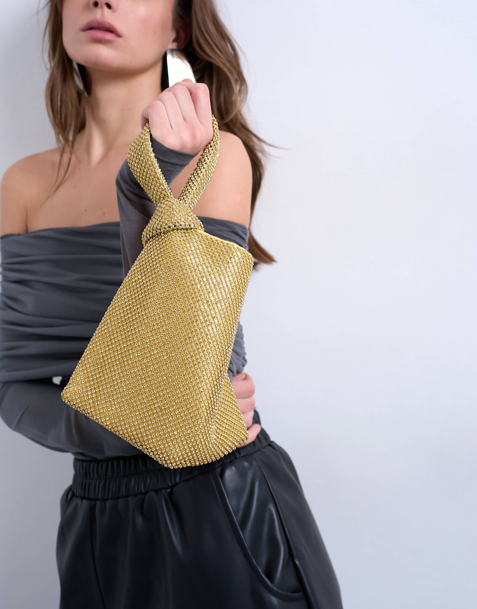 Topshop Gwyn small embellished knot grab bag in gold