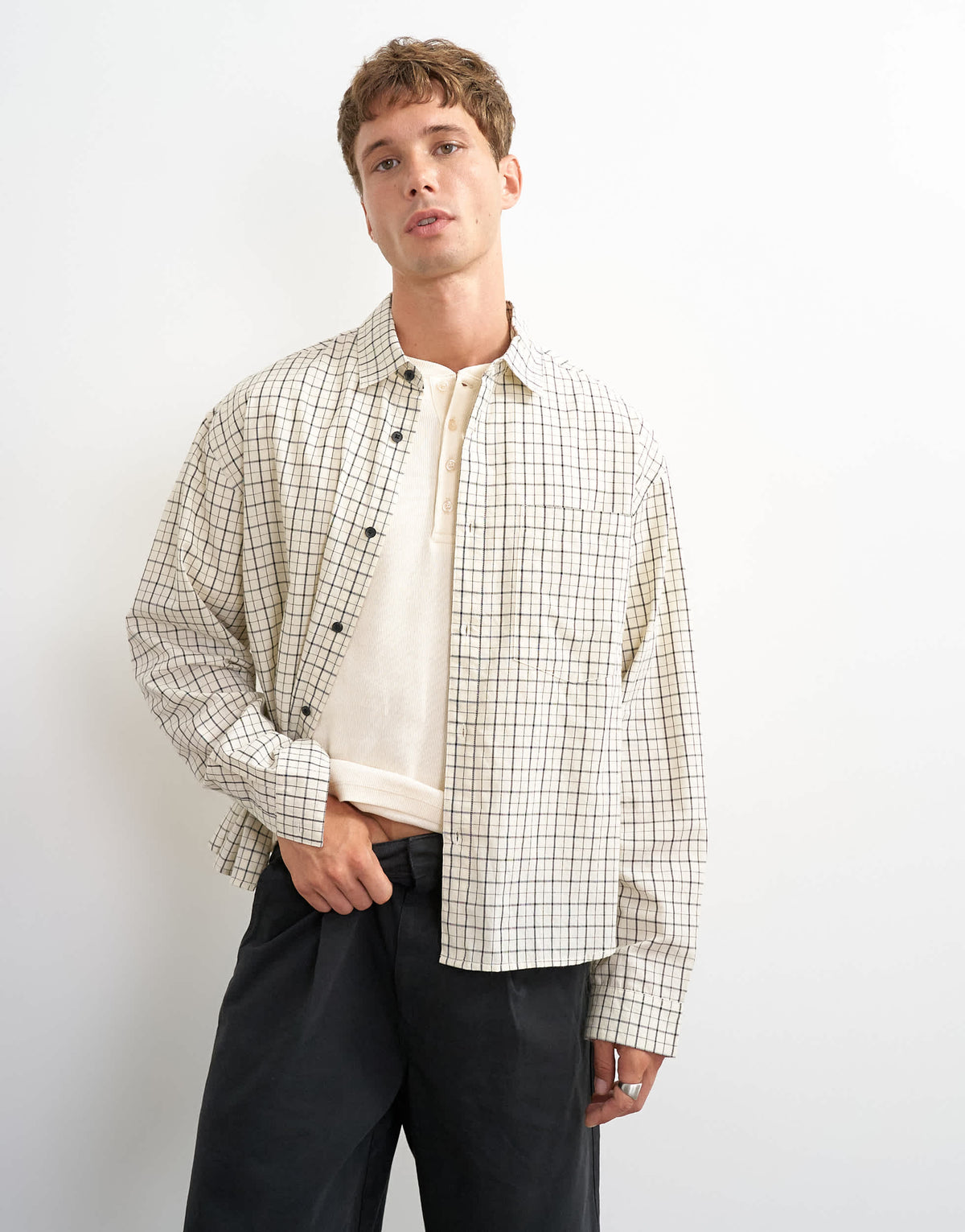 Topman relaxed crop fit check shirt in ecru