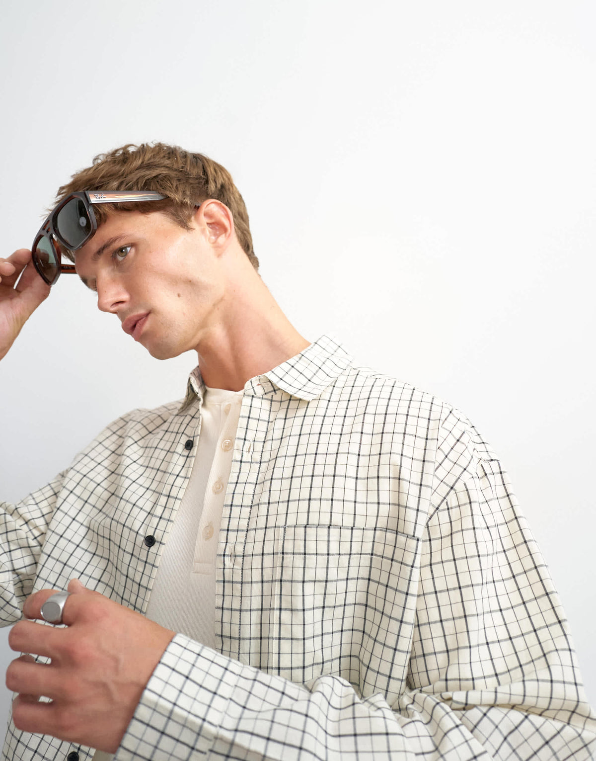 Topman relaxed crop fit check shirt in ecru