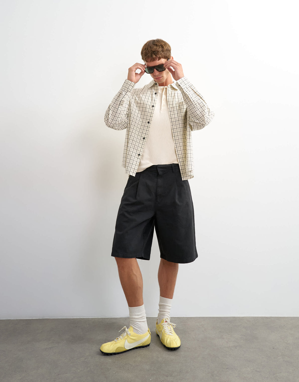 Topman relaxed crop fit check shirt in ecru