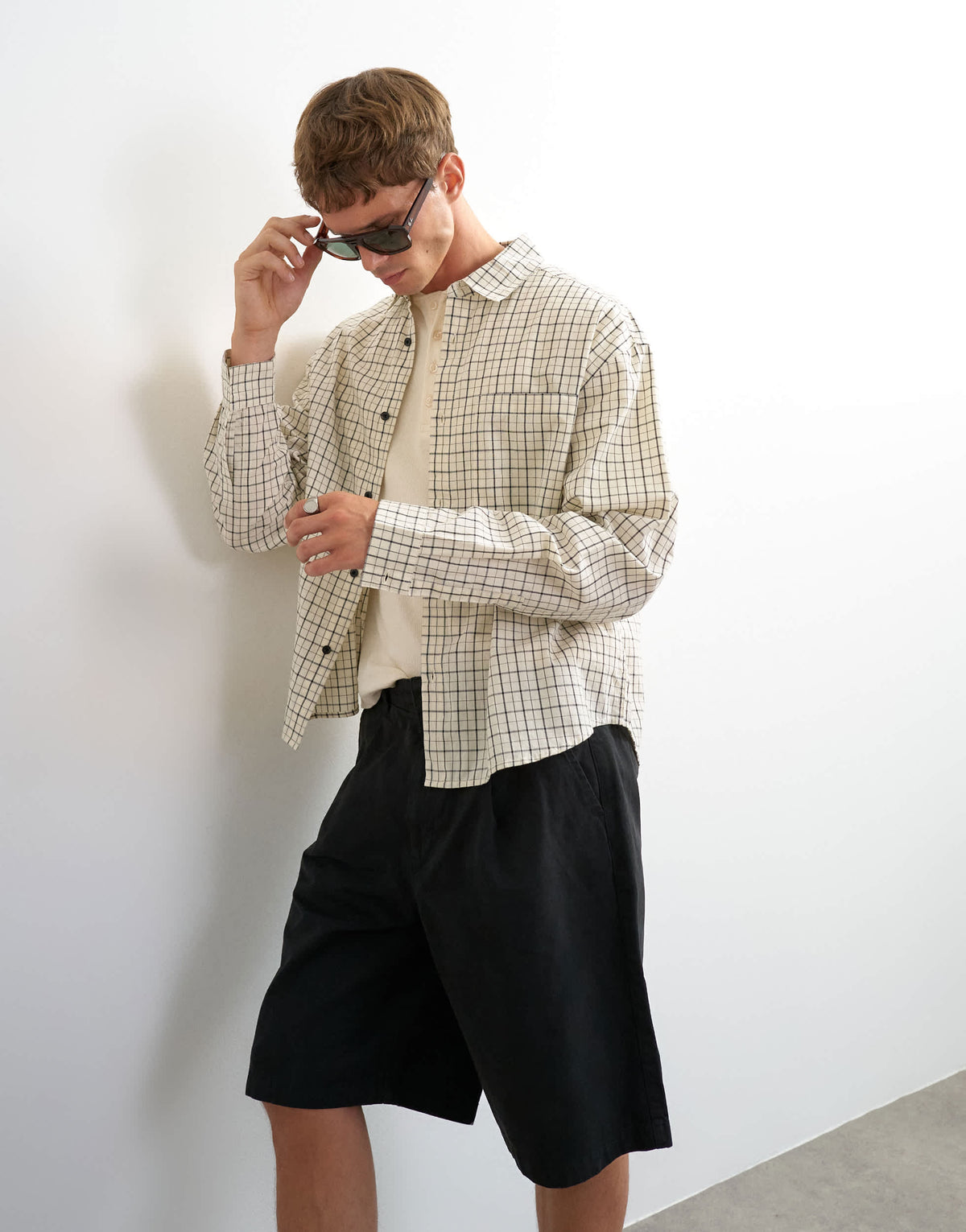 Topman relaxed crop fit check shirt in ecru