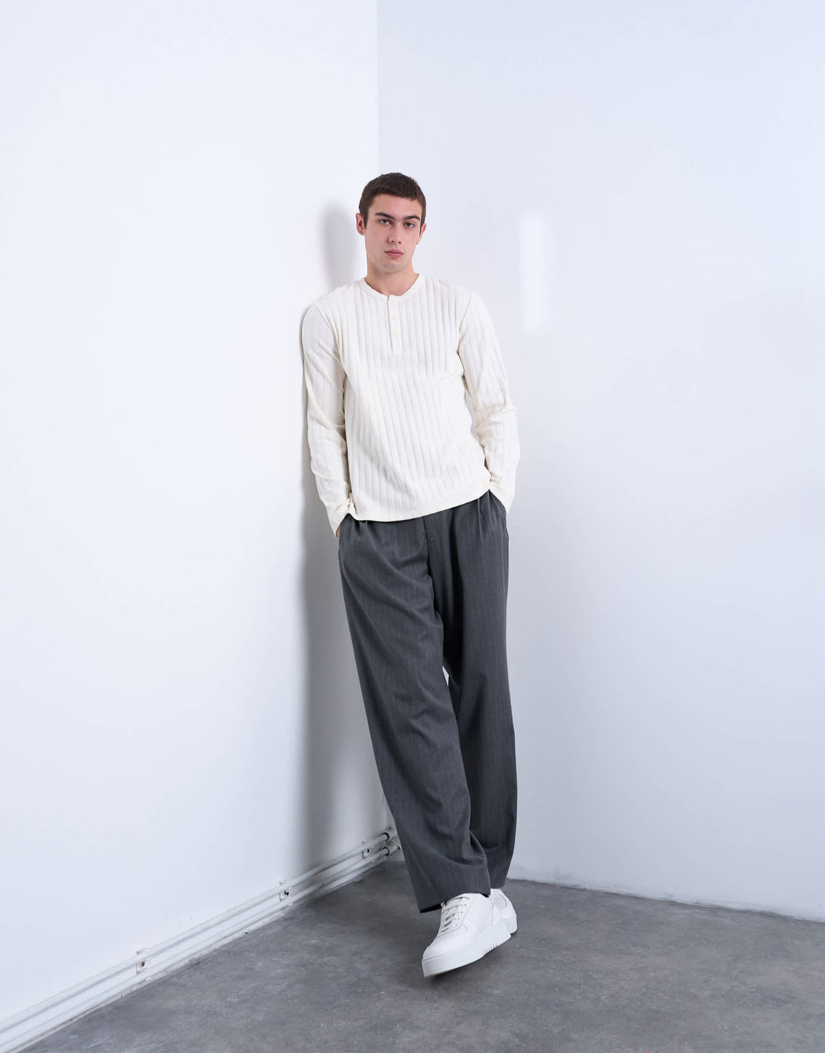 Topman long sleeve rib henley tee in cream