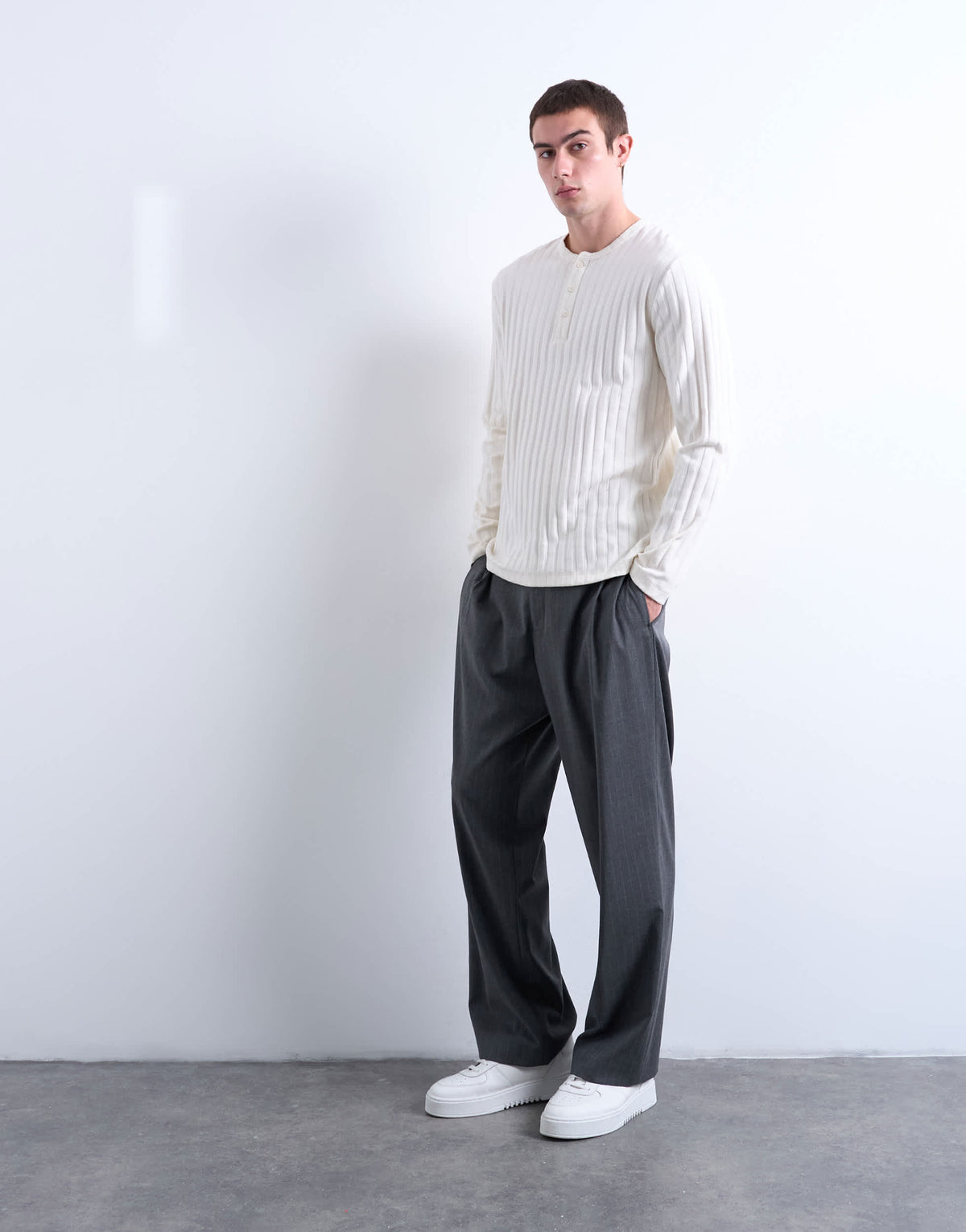 Topman long sleeve rib henley tee in cream