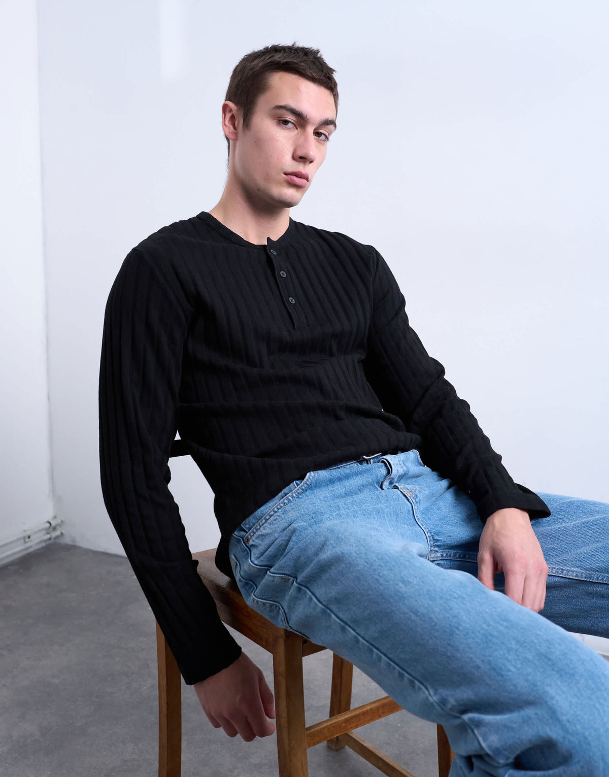 Topman long sleeve rib henley tee in black