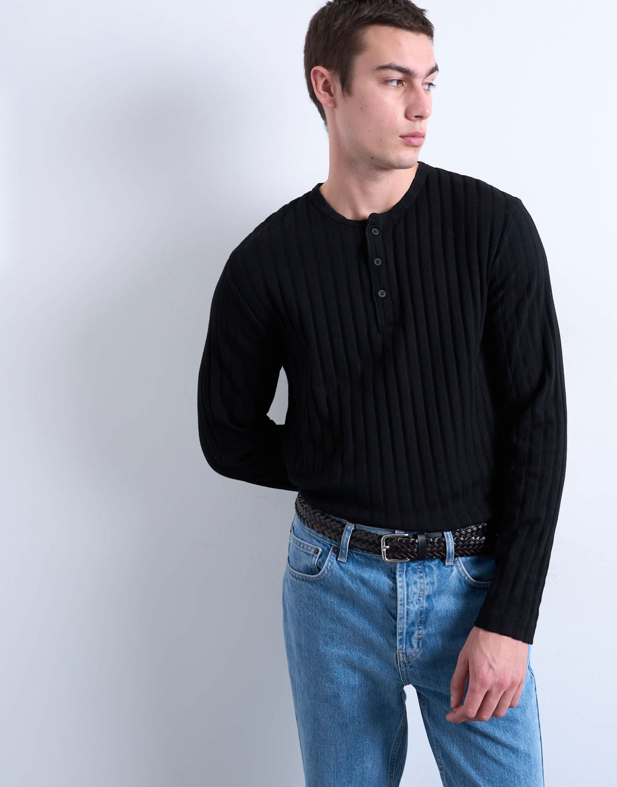 Topman long sleeve rib henley tee in black