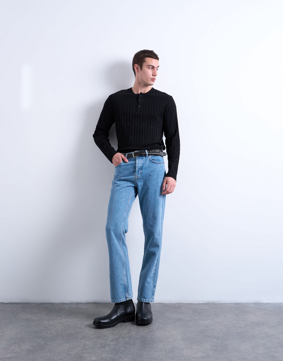 Topman long sleeve rib henley tee in black
