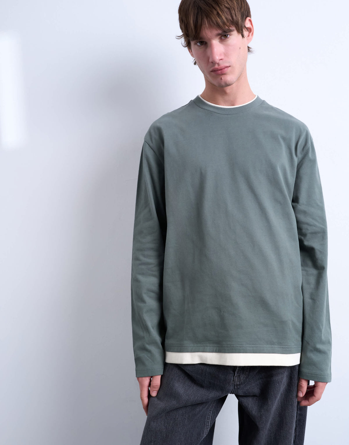 Topman double layer jersey long sleeve tee in sage and cream