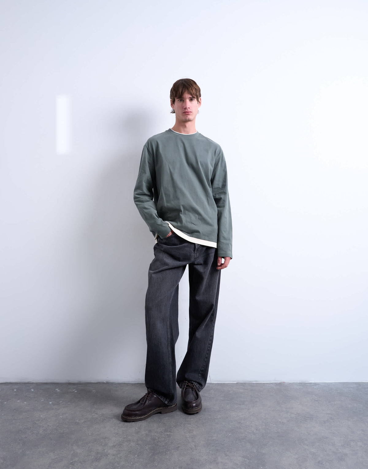 Topman double layer jersey long sleeve tee in sage and cream