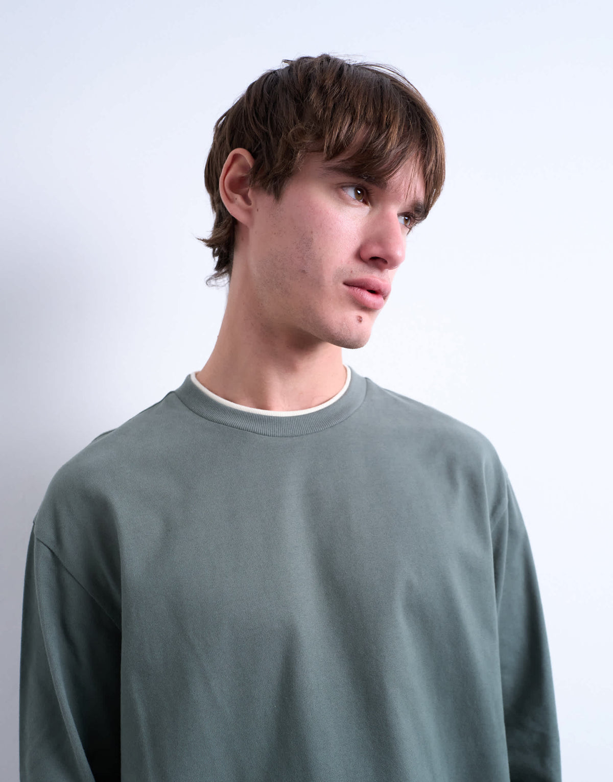 Topman double layer jersey long sleeve tee in sage and cream