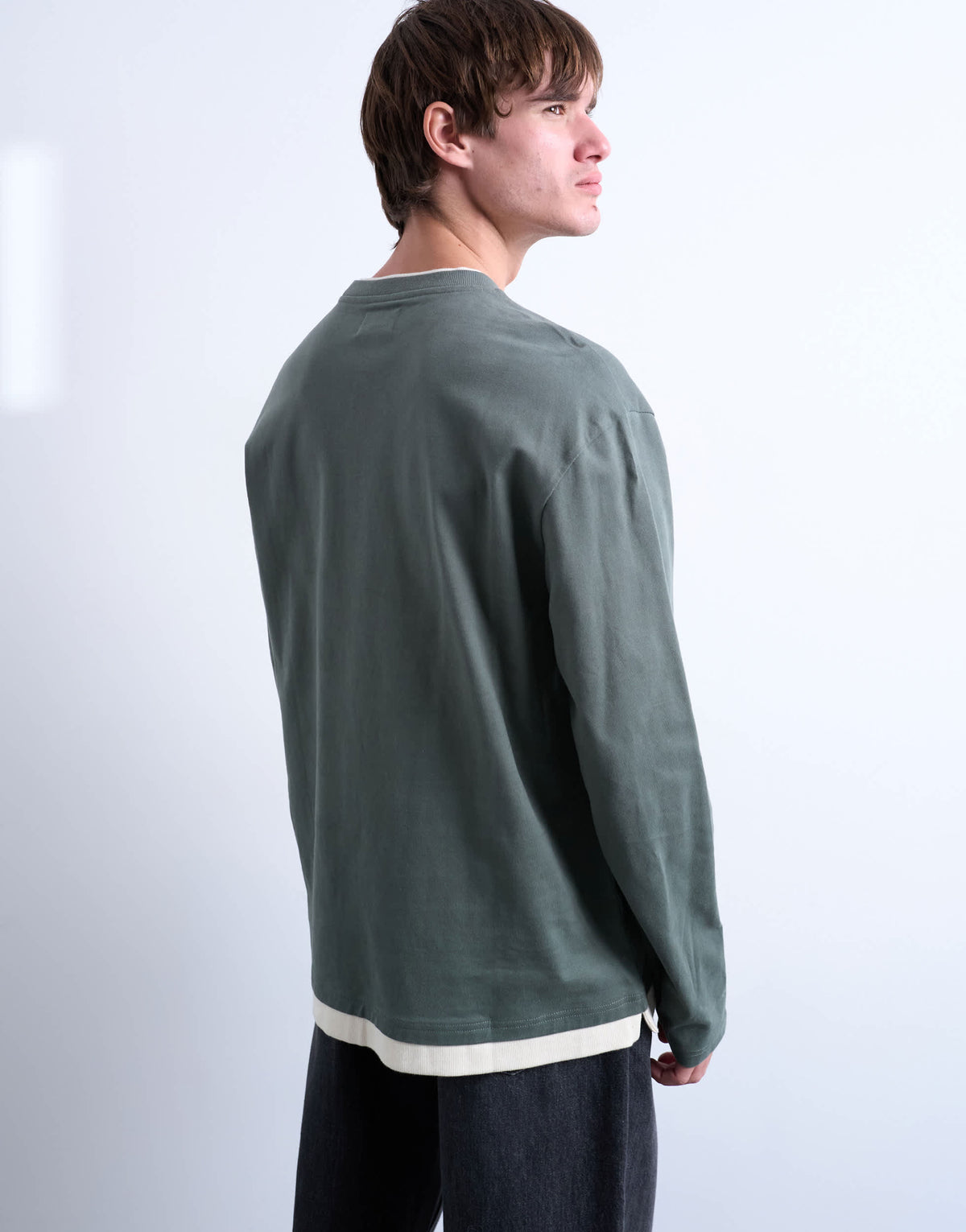 Topman double layer jersey long sleeve tee in sage and cream