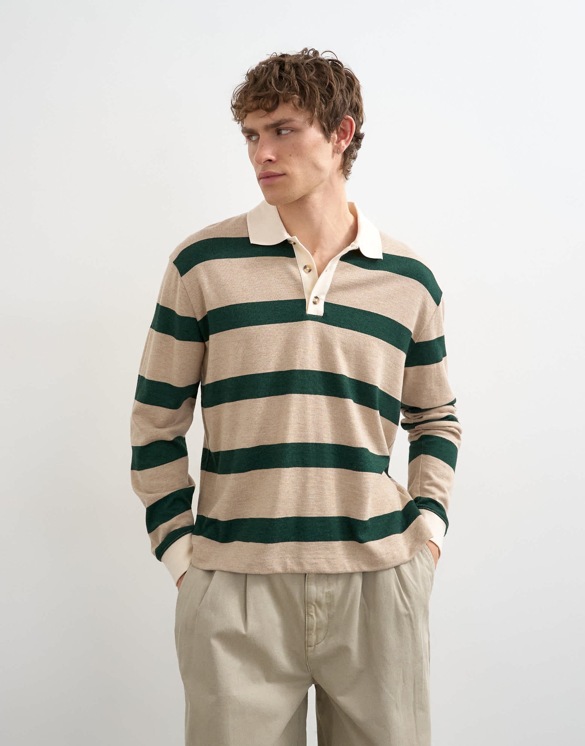 Topman relaxed cropped long sleeve rugby polo in stone and green