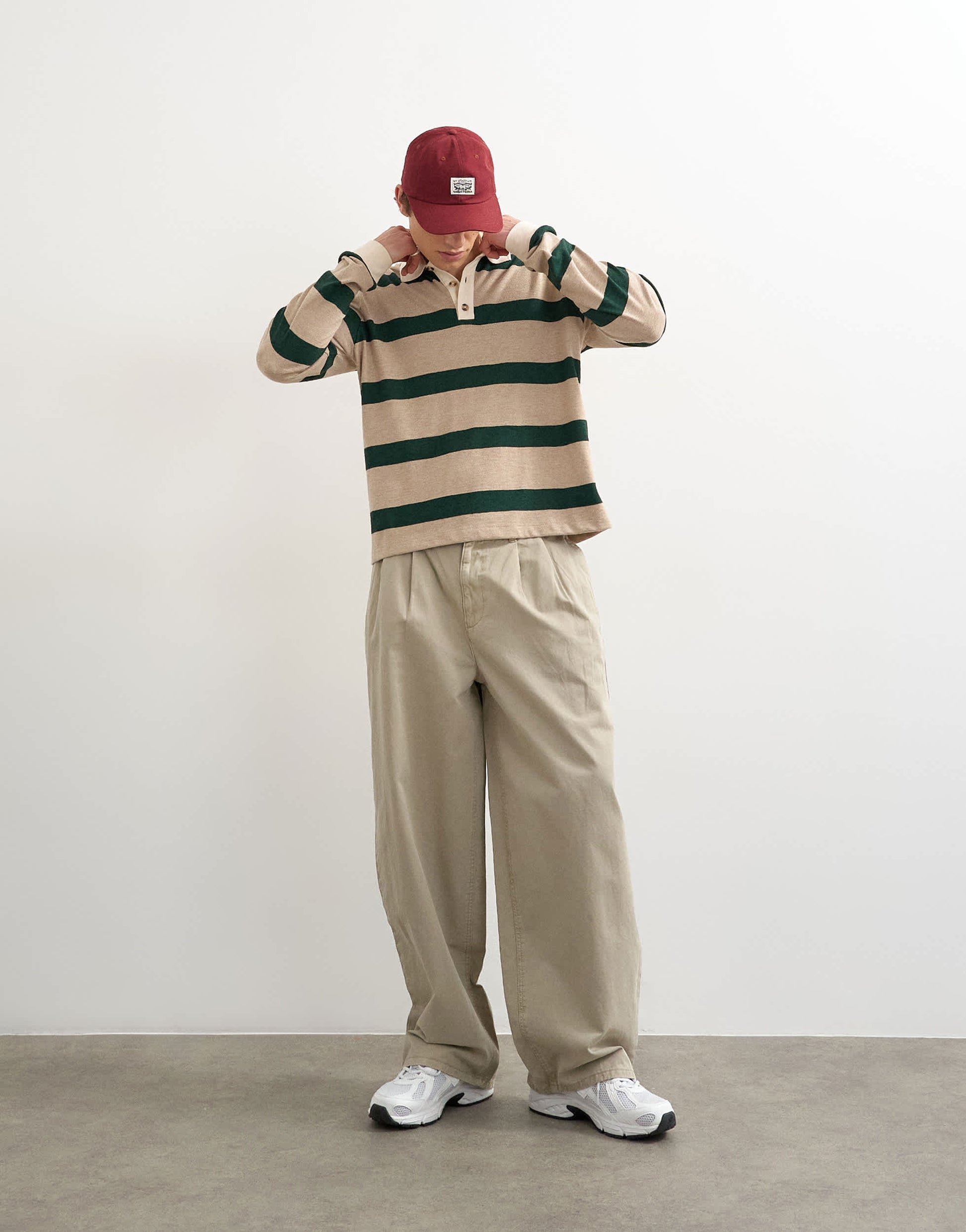 Topman relaxed cropped long sleeve rugby polo in stone and green