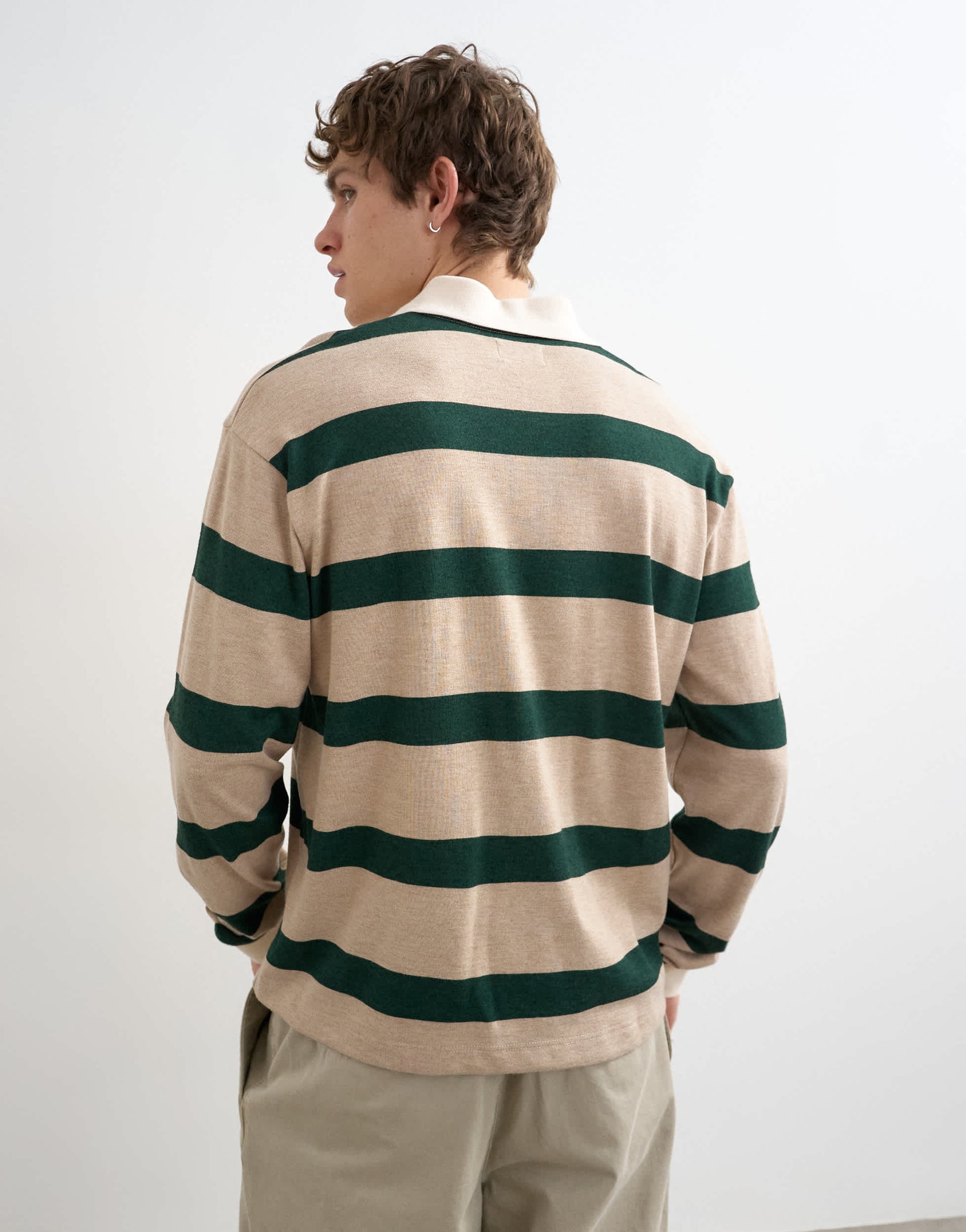 Topman relaxed cropped long sleeve rugby polo in stone and green