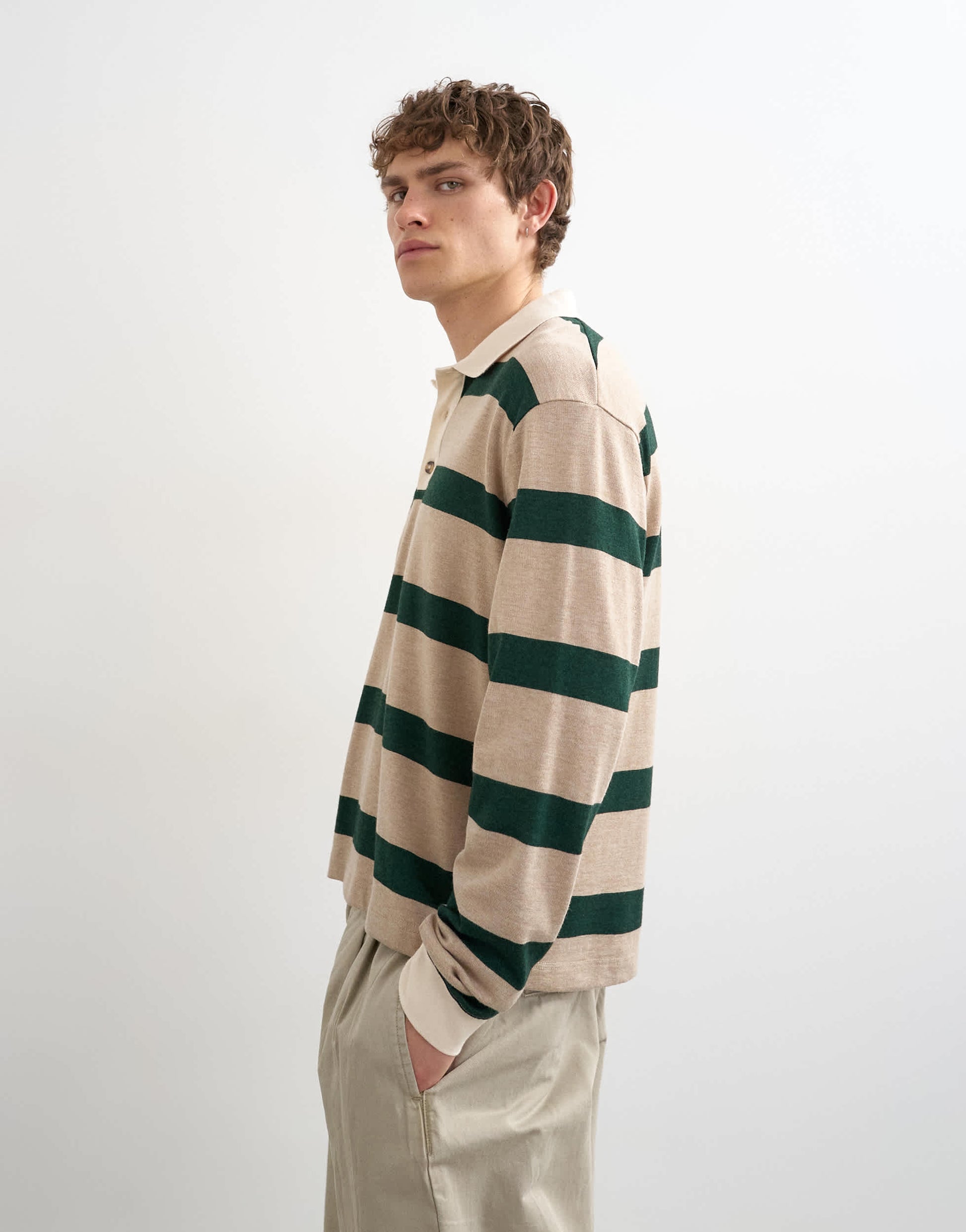 Topman relaxed cropped long sleeve rugby polo in stone and green