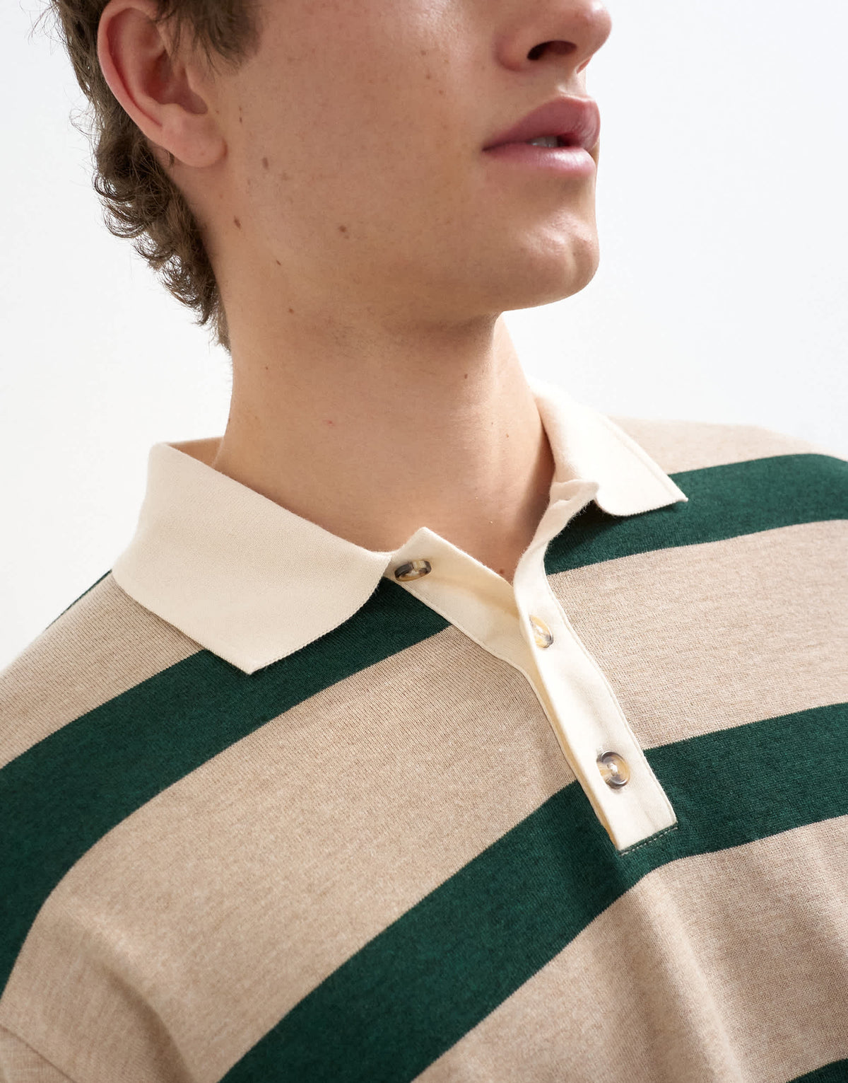 Topman relaxed cropped long sleeve rugby polo in stone and green