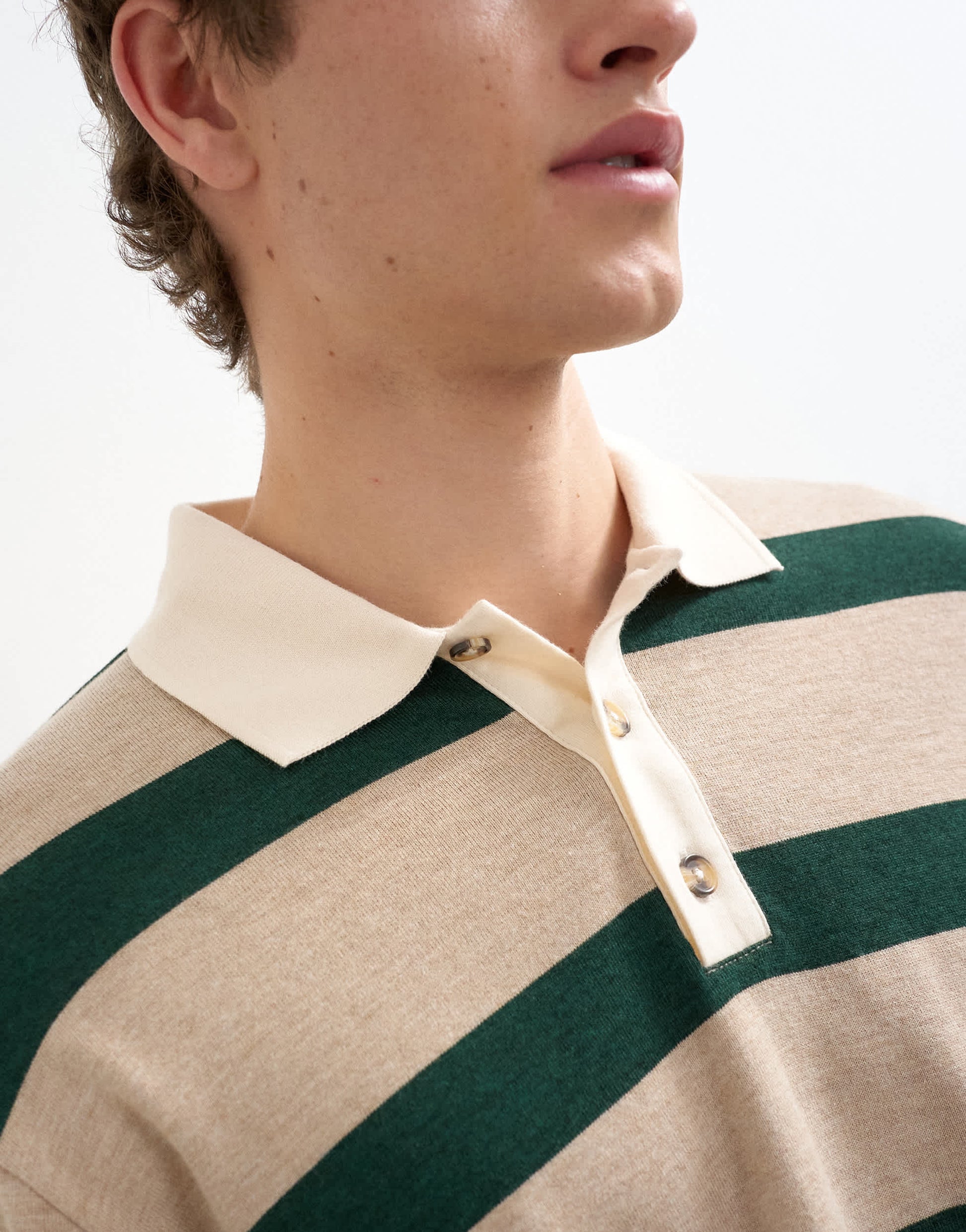 Topman relaxed cropped long sleeve rugby polo in stone and green
