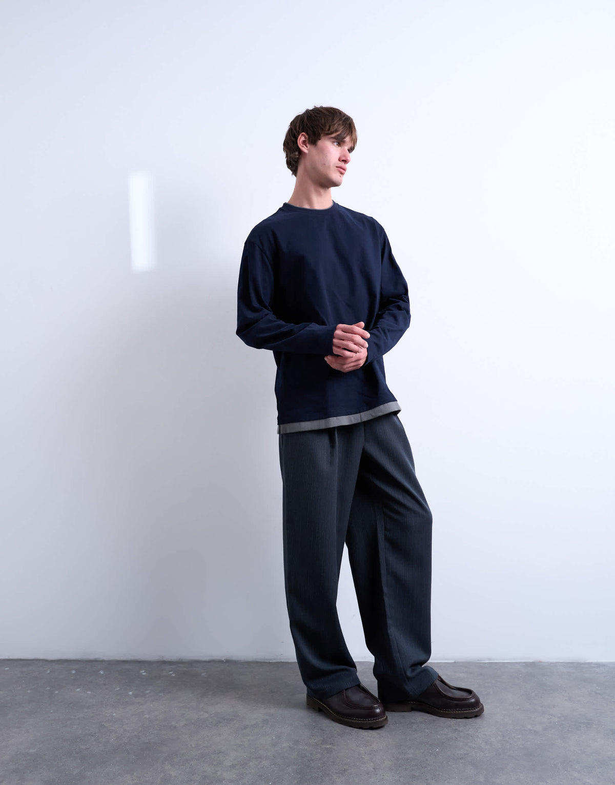 Topman double layer jersey long sleeve tee in navy and grey