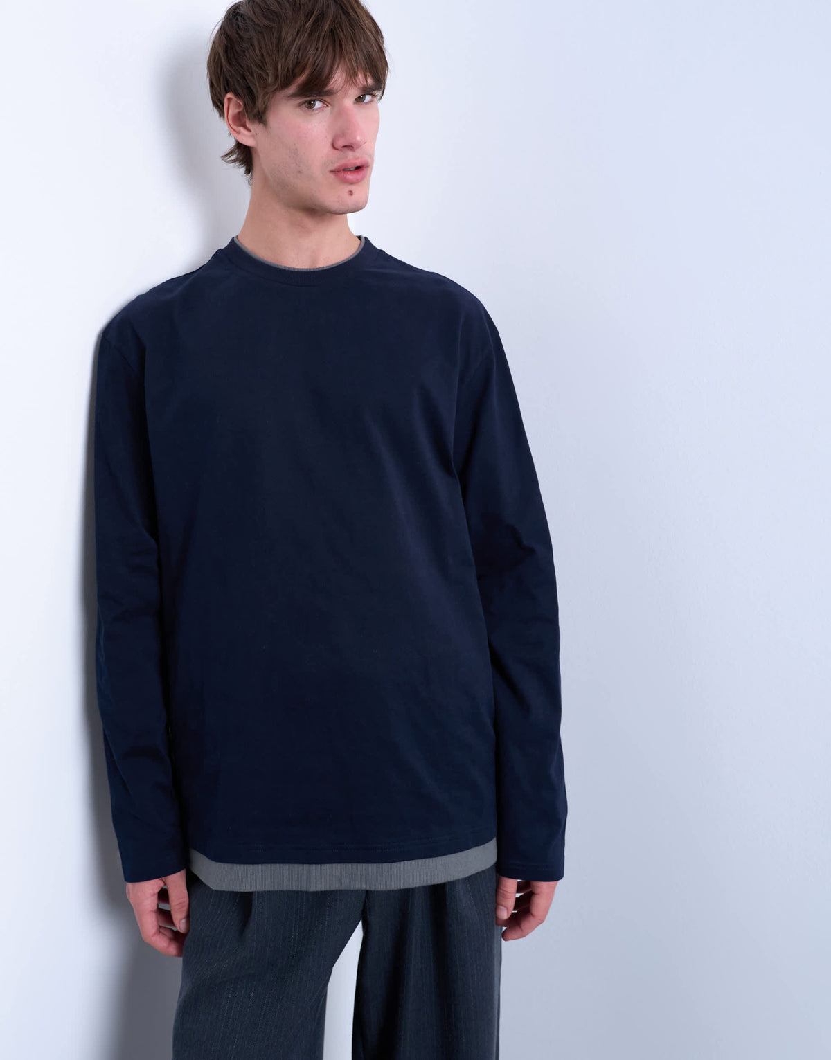 Topman double layer jersey long sleeve tee in navy and grey