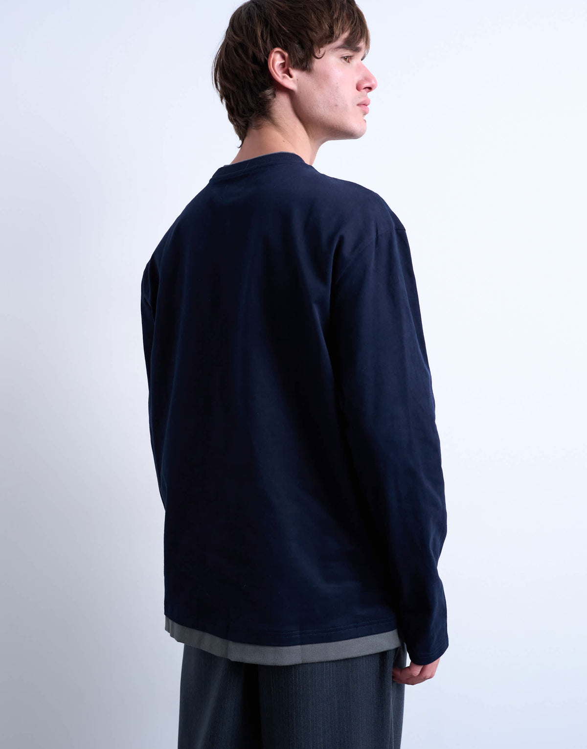 Topman double layer jersey long sleeve tee in navy and grey
