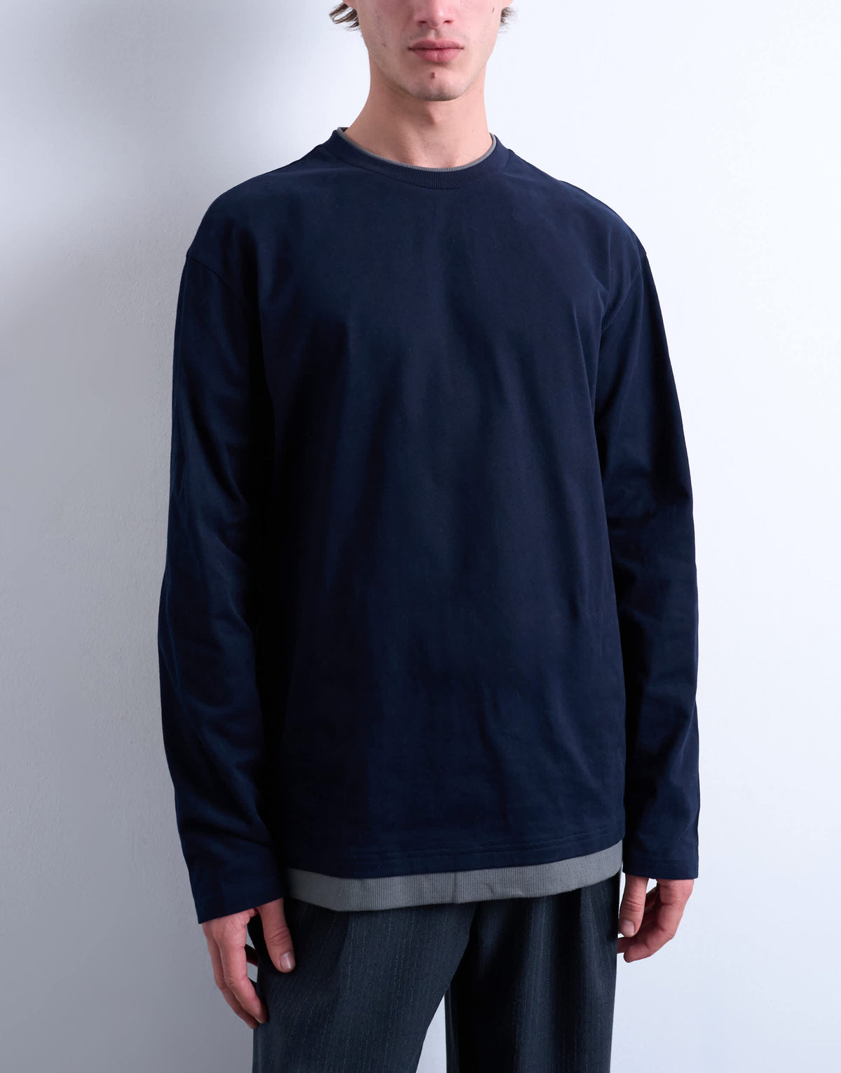 Topman double layer jersey long sleeve tee in navy and grey